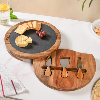 Round Wooden Charcuterie Board With Cheese Knives